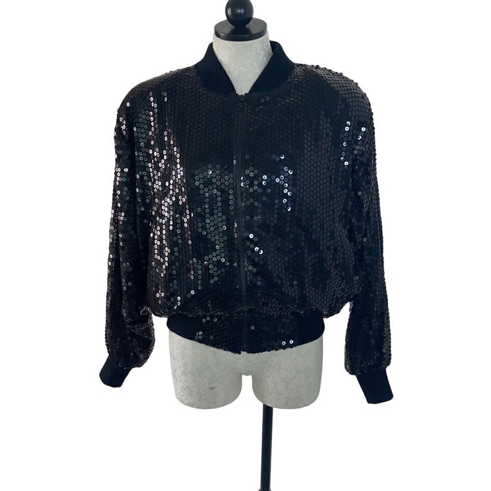 Silkworms Vintage Womens Jacket Size Large Black Sequin Bomber High Fashion